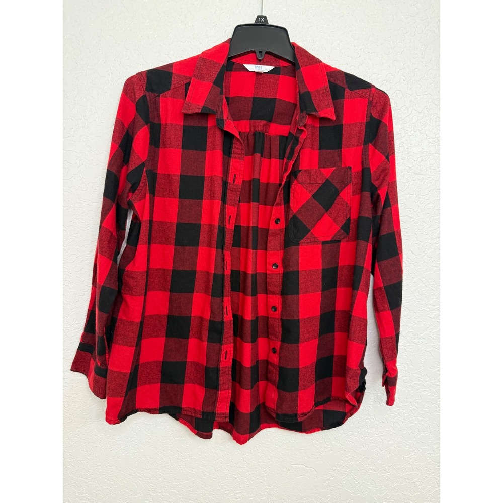 Time and Tru Womens Red Black Buffalo Plaid Button Down Shirt Size L 12-14